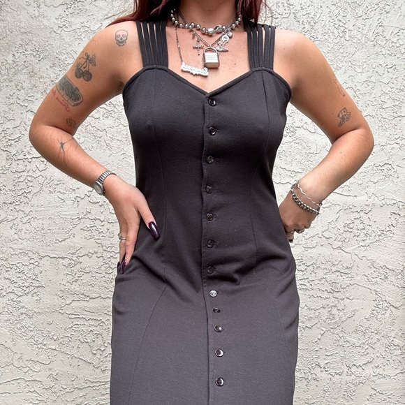 Vintage Black Maxi Dress with Button Details - Picture 1 of 10